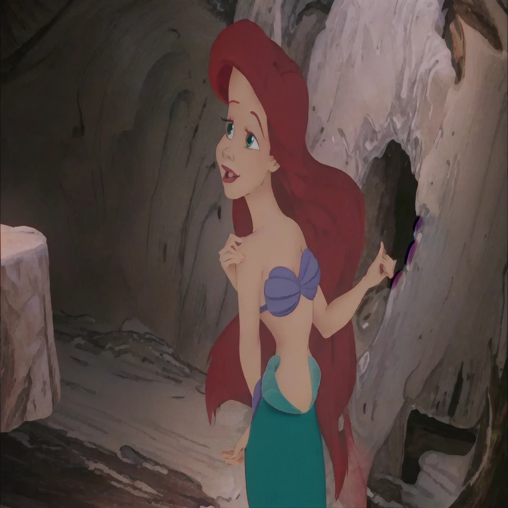 a close up of a cartoon mermaid with a red hair, ariel the little mermaid, princess ariel, little mermaid, the little mermaid, little mermaid magical kingdom, megara, disney 2d animation still, movie screencap, classic disney mood, style of disney animation, ariana grande as a mermaid, vhs screencap, in style of disney animation