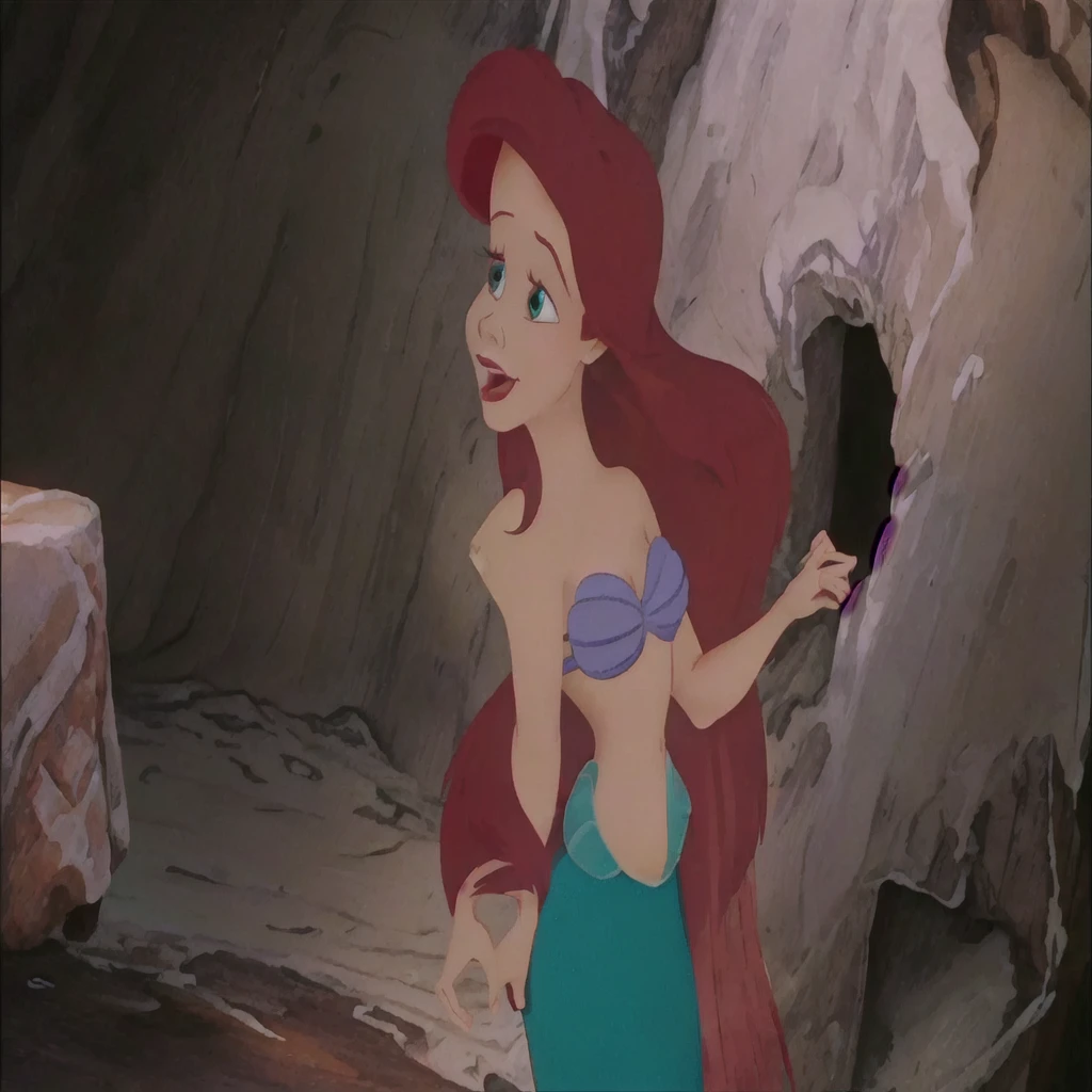 a close up of a cartoon mermaid with a red hair, ariel the little mermaid, princess ariel, little mermaid, the little mermaid, little mermaid magical kingdom, megara, disney 2d animation still, movie screencap, classic disney mood, style of disney animation, ariana grande as a mermaid, vhs screencap, in style of disney animation