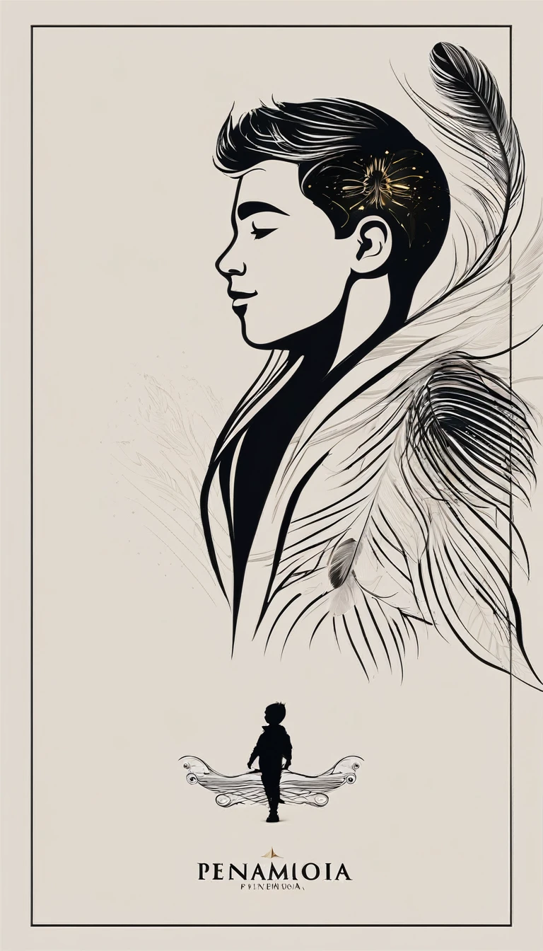 Create a minimal, modern, simple, inspirational, memorable, dream like logo design of a boy and a feather for the brand “Penamemoria".
