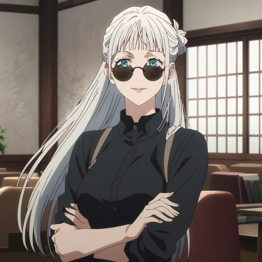 1girl, female gojo satoru, anime screencap from jujutsu kaisen, gojo satoru female version, solo, long_hair, blue eyes, white_hair, window, breasts, upper_body, smile, indoors, book, bangs, blue_eyes, lips, (wearing round sunglasses) , ((her hairstyle : The character in the image has long, "straight white hair" with bangs.The hair falls freely over her shoulders and down her back)) wearing black colour collared outfit, breast, "very detailed and high resolution" (blue eyes) ((cross arms))