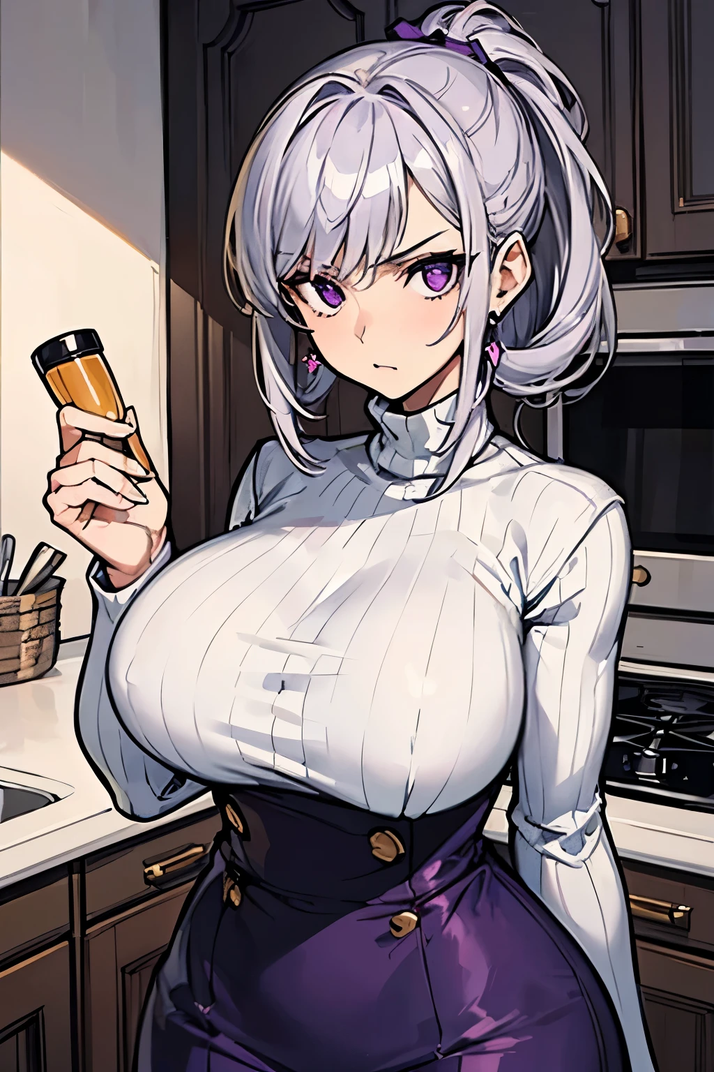 ((Masterpiece)), (highest quality))), 1girl, mother, mom, strict, wearing white turtleneck, looking at camera, holding ingredients, angry, silver hair, tied hair, purple eyes, kitchen