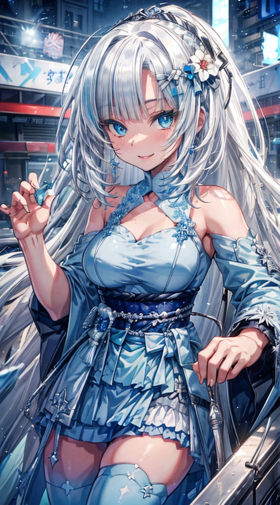 (Highest quality,High resolution:1.2),Portrait of,Gray Hair,Long Hair,Dazzling Blue Eyes,Attractive girl,18-year-old,Big Chest,Soft bangs,White and blue tones,Bright smile