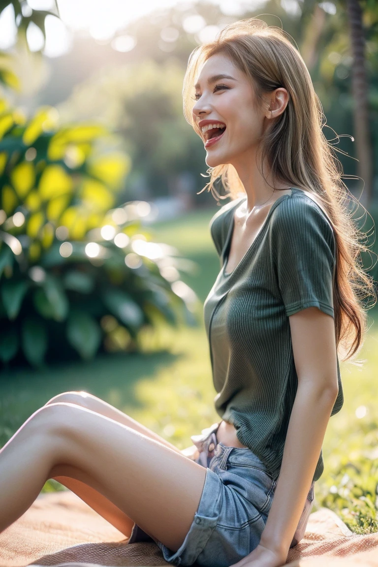 (Sitting pose, side view: 1.4), (half body photo: 1.4), RAW UHD portrait photo of a woman, (laughing face: 1.2) (Blonde long hair: 1.0), (Small Breasts: 1.5), (casual expression: 1.4), (Green T-shirt), Background is Beach, sparkling Green eyes with high detail, (perfect anatomy: 1.5), (day time: 1.5), (warm light mood and tone: 1.5), (bright light: 1.6).