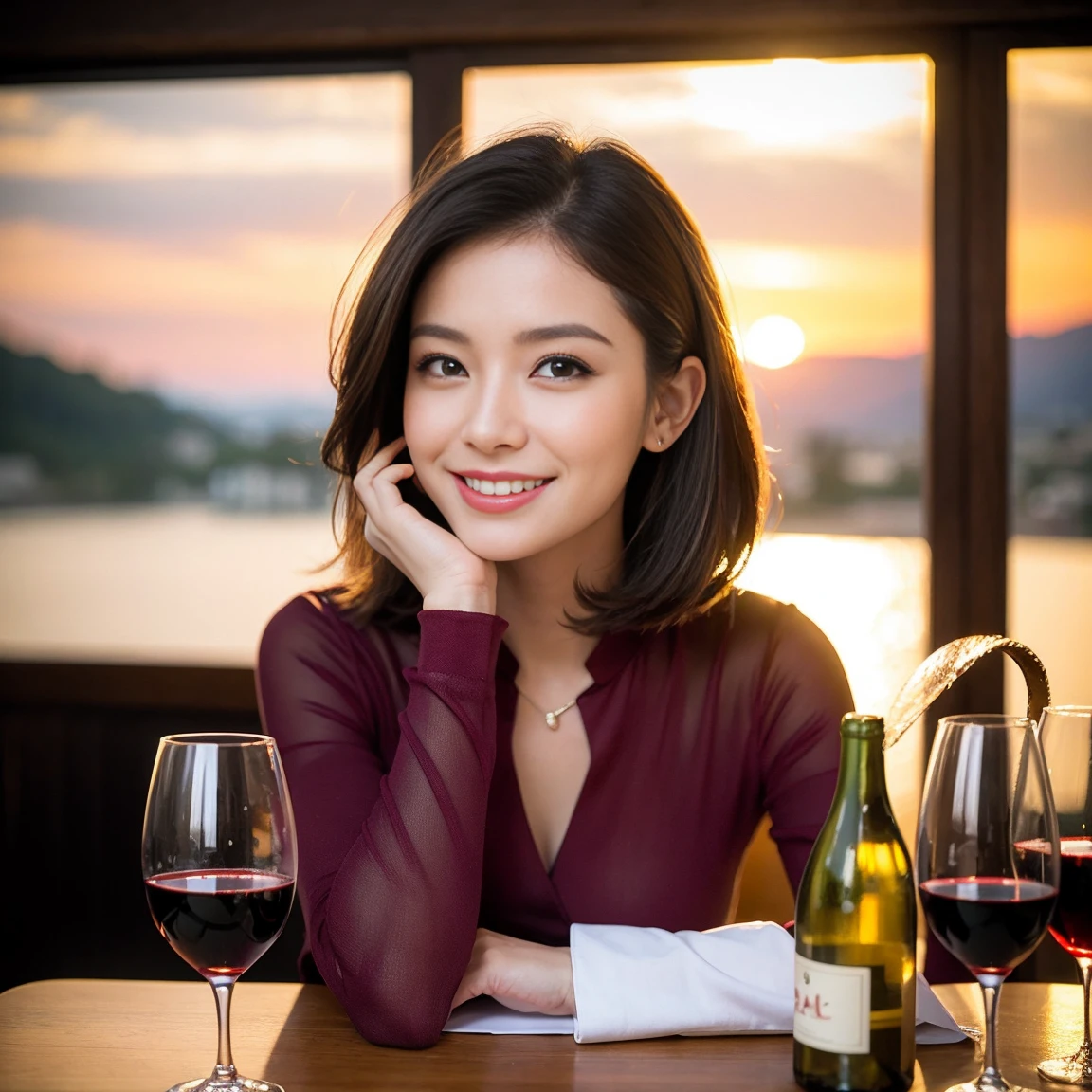 ((Highest quality、8K、masterpiece:1.3))、1 male、1 female、spouse、Beautiful couple、Japanese couple、smile、 (Slim face), (the body is スリム), (Brown Hair), (Shortcuts), ((Bob Hale、Straight hair:1.2)), テーブルの上のwine glass、Please shine a light on my face、 Amazing view of the sunset sky and clouds、Amazing mountain views、smileの美しさ、Bright image、Blushing, Shortcuts,Bright Face、 years old), 39 years old, red wine 、Appetizers、Italian food、Wine bottle、Champagne、sparkling wine、Long sleeve shirt、dress、Attractive beauty、restaurant, Nova Frog Style, actress, model, Upper Body, White wine, red wine, wine glass,