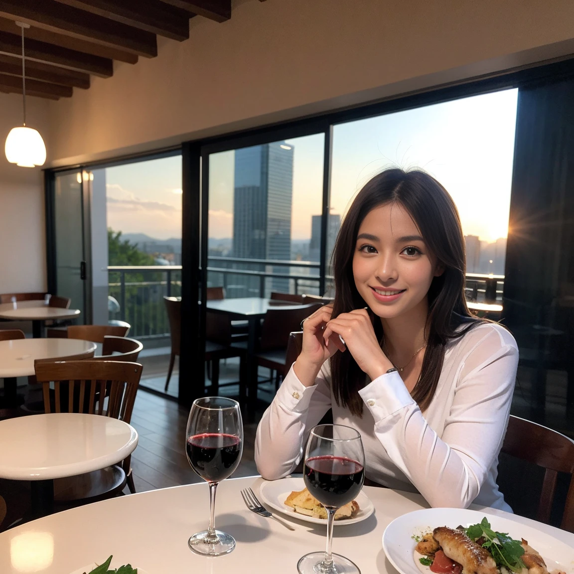 ((Highest quality、8K、masterpiece:1.3))、1 male、1 female、spouse、Beautiful couple、Japanese couple、smile、 (Slim face), (the body is スリム), (Brown Hair), (Shortcuts), ((Bob Hale、Straight hair:1.2)), テーブルの上のwine glass、Please shine a light on my face、 Amazing view of the sunset sky and clouds、Amazing mountain views、smileの美しさ、Bright image、Blushing, Shortcuts,Bright Face、 years old), 39 years old, red wine 、Appetizers、Italian food、Wine bottle、Champagne、sparkling wine、Long sleeve shirt、dress、Attractive beauty、restaurant, Nova Frog Style, actress, model, Upper Body, White wine, red wine, wine glass, 