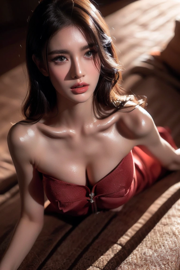 (Lying down pose, overhead view: 1.4), (full body photo: 1.4), RAW UHD portrait photo of a woman, (serious face: 1.2) (Black curly hair: 1.0), (Large Breasts: 1.5), (mysterious expression: 1.4), (Red Dress), Background is Bedroom, deep Blue eyes with high detail, (perfect anatomy: 1.5), (evening time: 1.5), (soft light mood and tone: 1.5), (medium light: 1.6).