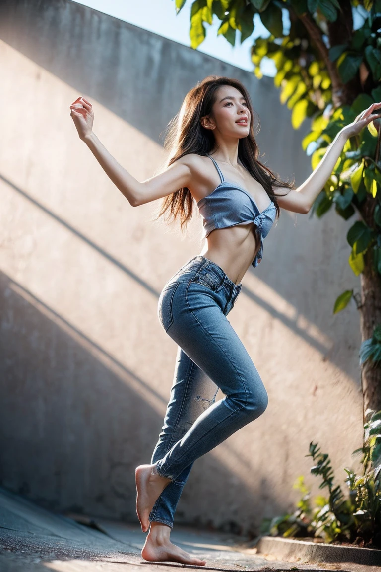 (Jumping pose, low angle view: 1.4), (full body photo: 1.4), RAW UHD portrait photo of a woman, (winking face: 1.2) (Brown long hair: 1.0), (Small Breasts: 1.5), (playful expression: 1.4), (Blue Jeans), Background is Skate Park, vibrant Hazel eyes with high detail, (perfect anatomy: 1.5), (afternoon time: 1.5), (cool light mood and tone: 1.5), (medium light: 1.6).