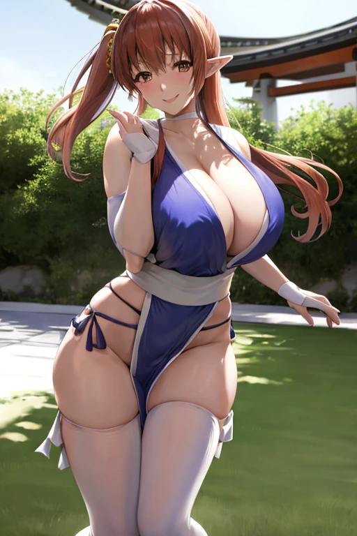 masterpiece, best quality, beautiful art, high resolution, well formed hands, body and fingers, 1 woman, solo, Tiffania Westwood, elf ears, hair ornament, adult, grown up, big breasted, cleavage, full body, braided long hair, blue_japanese_clothes, wearing DOA Kasumi's blue kunoichi dress, sexy and skimpy japanese clothes, kimono peek, sleeveless, white stockings, gorgeous legs and thighs, doing exercise, warming up, working out, sexy and captivating training, smiling joyfully and happily , looking at the viewer, panties peek, sweating , bouncing breasts, t back thong, training montage session, beach environment