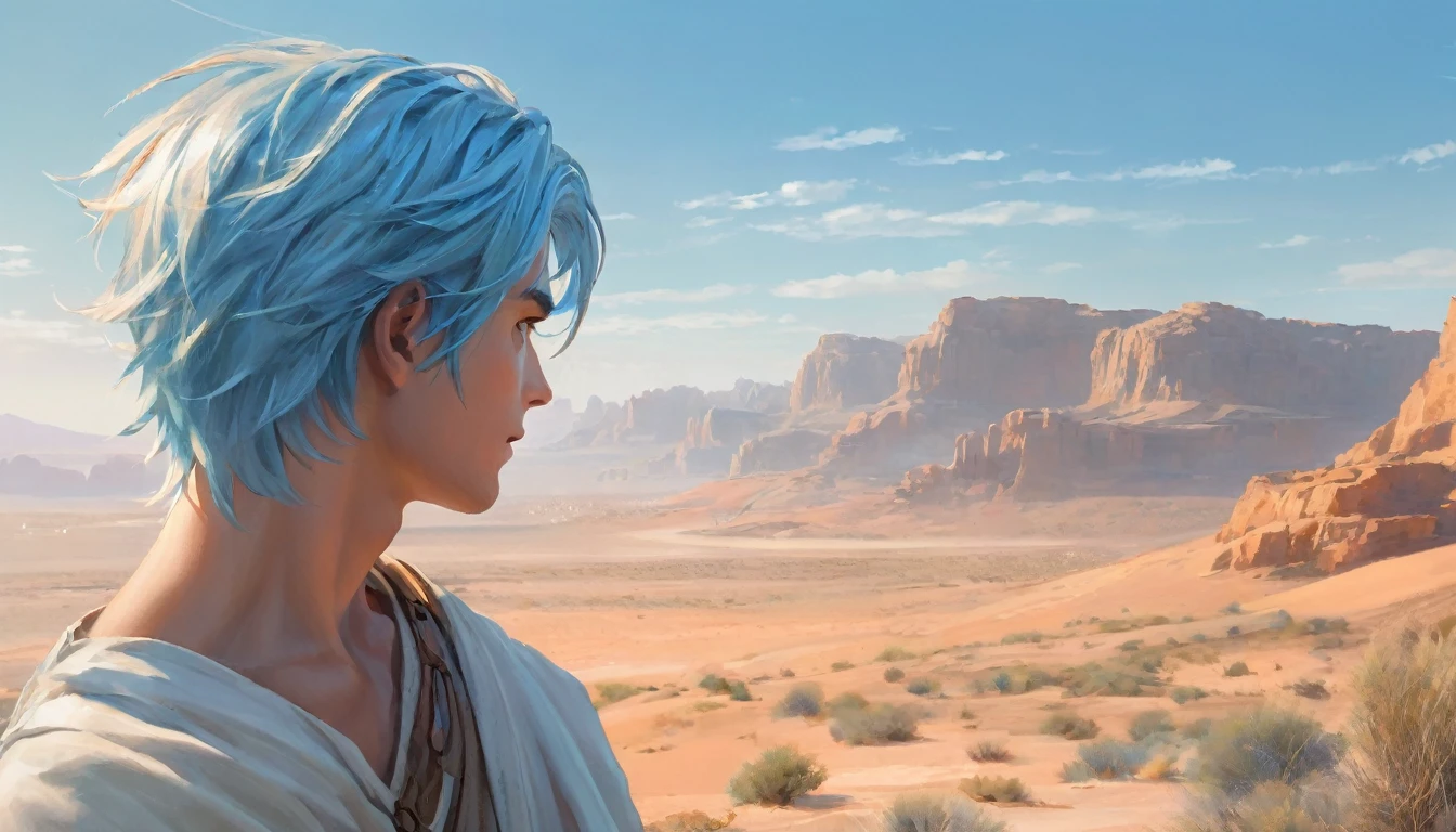 Beautifully painted, high quality, Ultra-detailed CG illustrations,Depicts a young man with a calm expression, He stared into the distance,A striking head of light blue hair flutters gently in the desert breeze. The scenery behind is vast and breathtaking, Lead the audience into a wonderful and exploratory world.