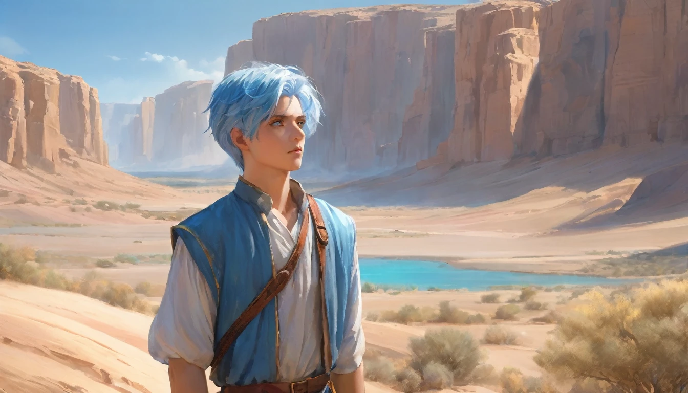 Beautifully painted, high quality, Ultra-detailed CG illustrations，Depicts a young man with a calm expression, He stared into the distance，A striking head of light blue hair flutters gently in the desert breeze. The scenery behind is vast and breathtaking, Lead the audience into a wonderful and exploratory world.