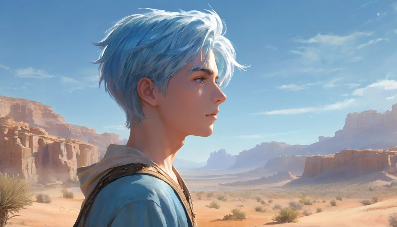Beautifully painted, high quality, Ultra-detailed CG illustrations，Depicts a young man with a calm expression, He stared into the distance，A striking head of light blue hair flutters gently in the desert breeze. The scenery behind is vast and breathtaking, Lead the audience into a wonderful and exploratory world.