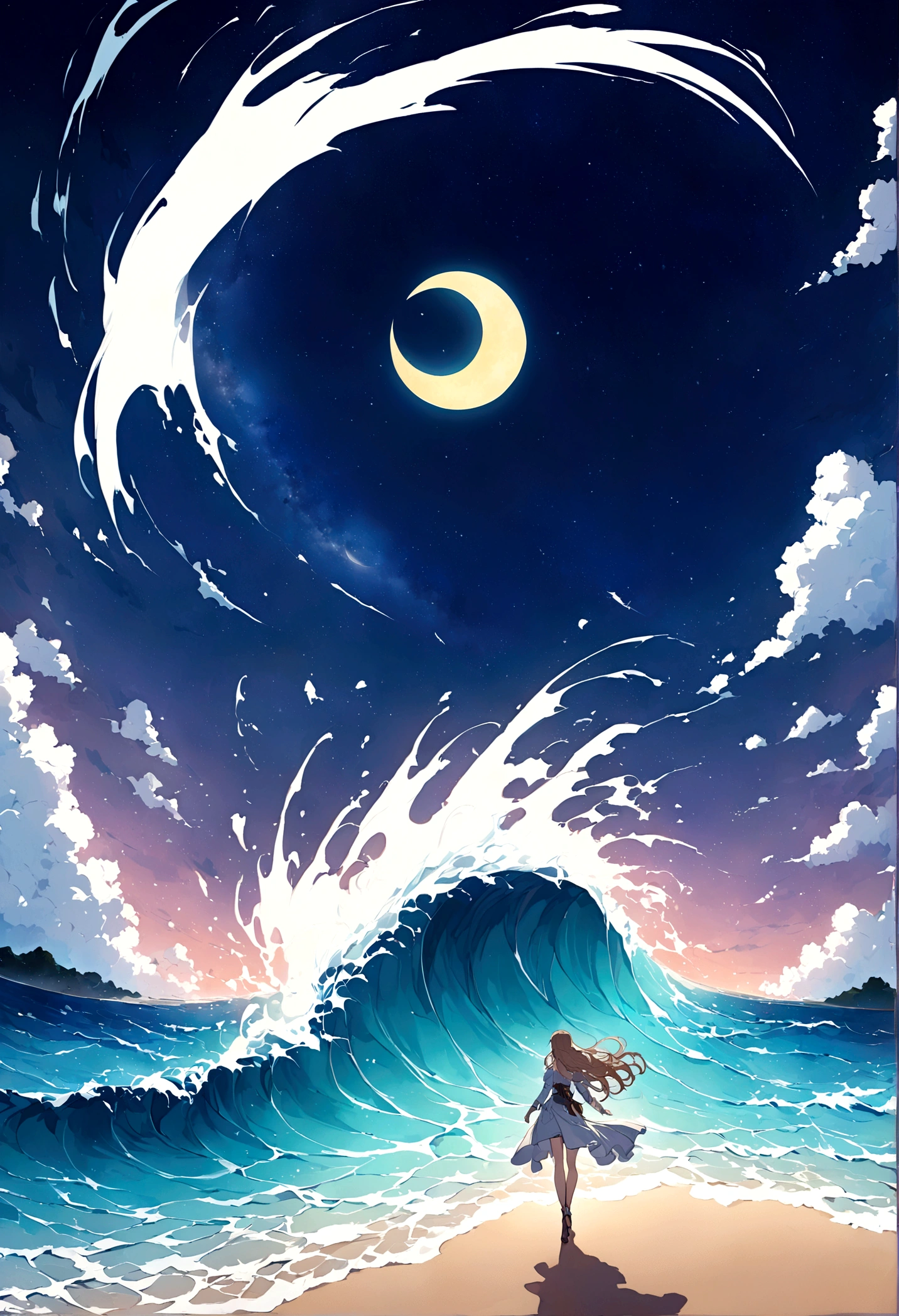 wallpaper、Fantasy、Anime Style、starry skies、A view of a wide sandy beach、Firefly in the middle(Collapse:Star Rail)、Crashing Waves、Crescent Moon、milky way