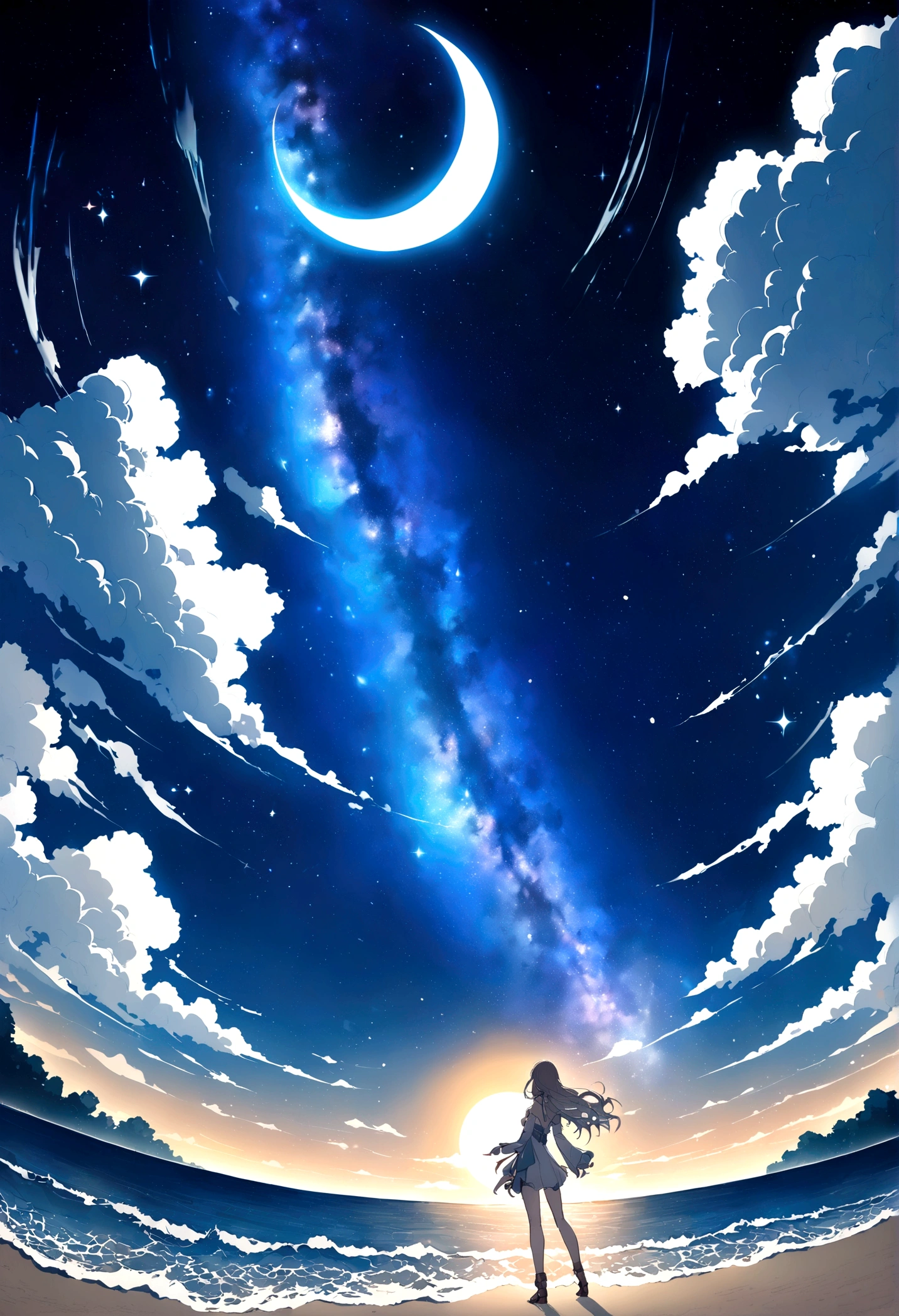 wallpaper、Fantasy、Anime Style、starry skies、A view of a wide sandy beach、Firefly in the middle(Collapse:Star Rail)、Crashing Waves、Crescent Moon、milky way