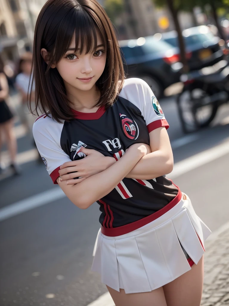 (8K, RAW Photos, Highest quality, masterpiece:1.2), (Realistic, photo-Realistic:1.4), (Highly detailed 8K wallpapers), ((Full Body Shot)), (1 girl), Sharp focus, Depth of written boundary, Cinematic lighting, Soft Light, 緻密な美しさのeye, eye_Chan, Very beautiful 17 year old girl, innocent big eyes, Realistic, photo Realistic, Highly detailed cute girl, (Thin thighs), (Model Body Type), 18-year-old, (((AC Milan soccer jersey))), ((Micro Mini Tight Skirt)), (((Fold your arms in front of your chest and act arrogantly))), ((A happy smile)), Parted lips, Watching the audience, (On the streets of Italy) , (Brown Hair),(Medium Bob Hair), (Asymmetrical bangs)