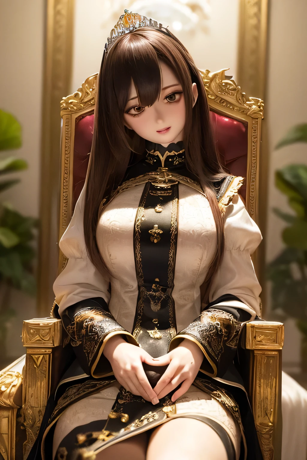 photorealistic, realistic photo, ((highest quality)), ((masterpiece)), detailed, kukolnydom, doll, (mature woman, 22yo, 22 years old:1.6), solo, sitting on throne, green eyes, brown hair, wavy hair, (light smile, parted lips, looking down, blank eyes, empty eyes, detailed eyes, detailed face:1.3), princess dress, tiara, castle, 8k