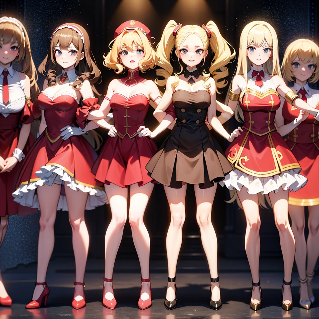 (Anime screencap: 1.2, anime style), (masterpiece, high quality, best quality), a crowd of thousands, all donning uniforms with matching blonde hair and red sexy skirt suits, their arms on their sides in perfect formation, their smiles radiant against the black high heels they all wear. In the background, clones of identical sisters can be seen in straight lines, shoulder to shoulder, with their arms raised in the same pose, their curly hair bouncing as they stand in perfect formation. The mansion they inhabit is filled with clones, creating a stunning family picture with the identical sisters taking center stage, their matching hairstyles and outfits creating a harmonious spect