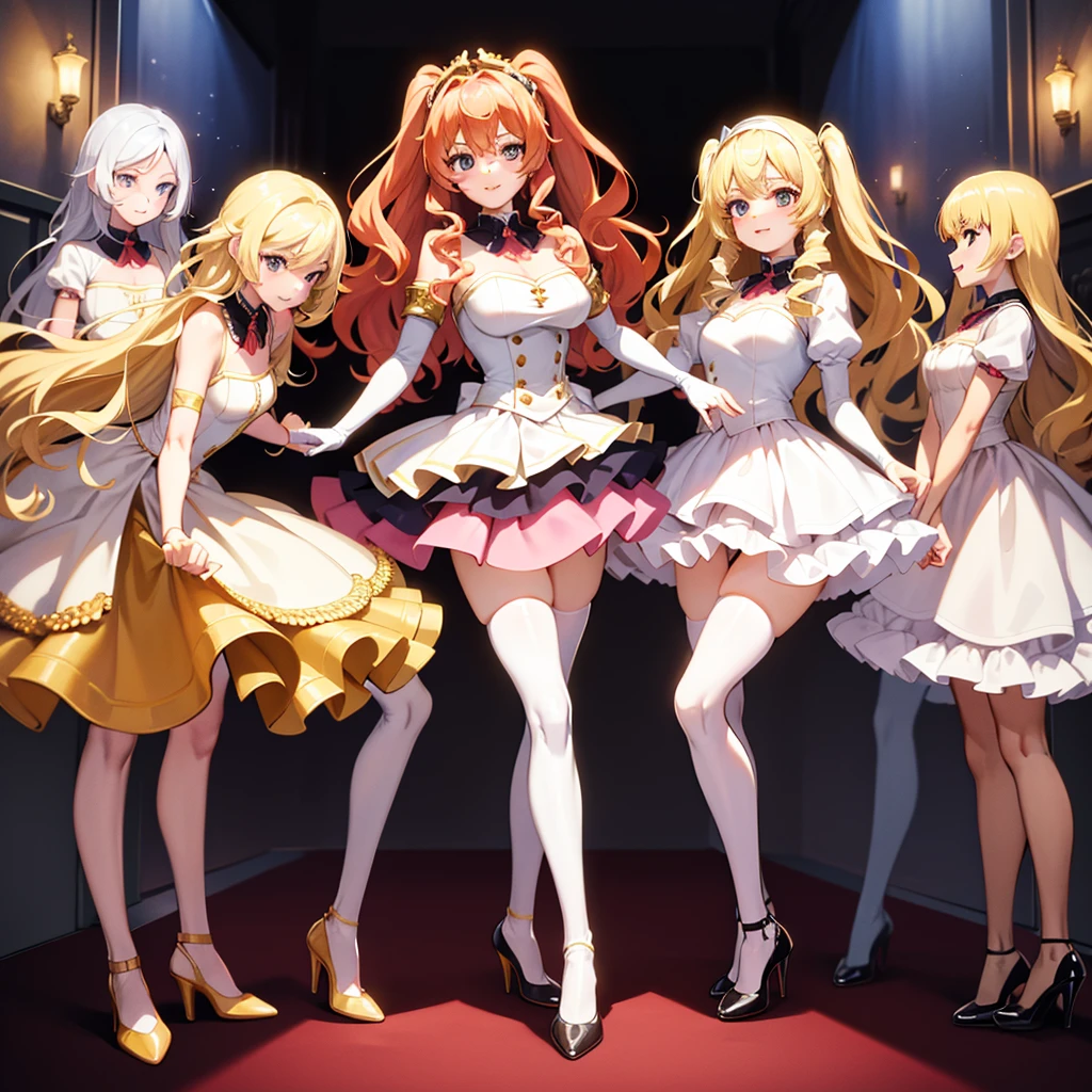 (Anime screencap: 1.2, anime style), (masterpiece, high quality, best quality), a crowd of thousands, all donning uniforms with matching blonde hair and red sexy skirt suits, their arms on their sides in perfect formation, their smiles radiant against the black high heels they all wear. In the background, clones of identical sisters can be seen in straight lines, shoulder to shoulder, with their arms raised in the same pose, their curly hair bouncing as they stand in perfect formation. The mansion they inhabit is filled with clones, creating a stunning family picture with the identical sisters taking center stage, their matching hairstyles and outfits creating a harmonious spect