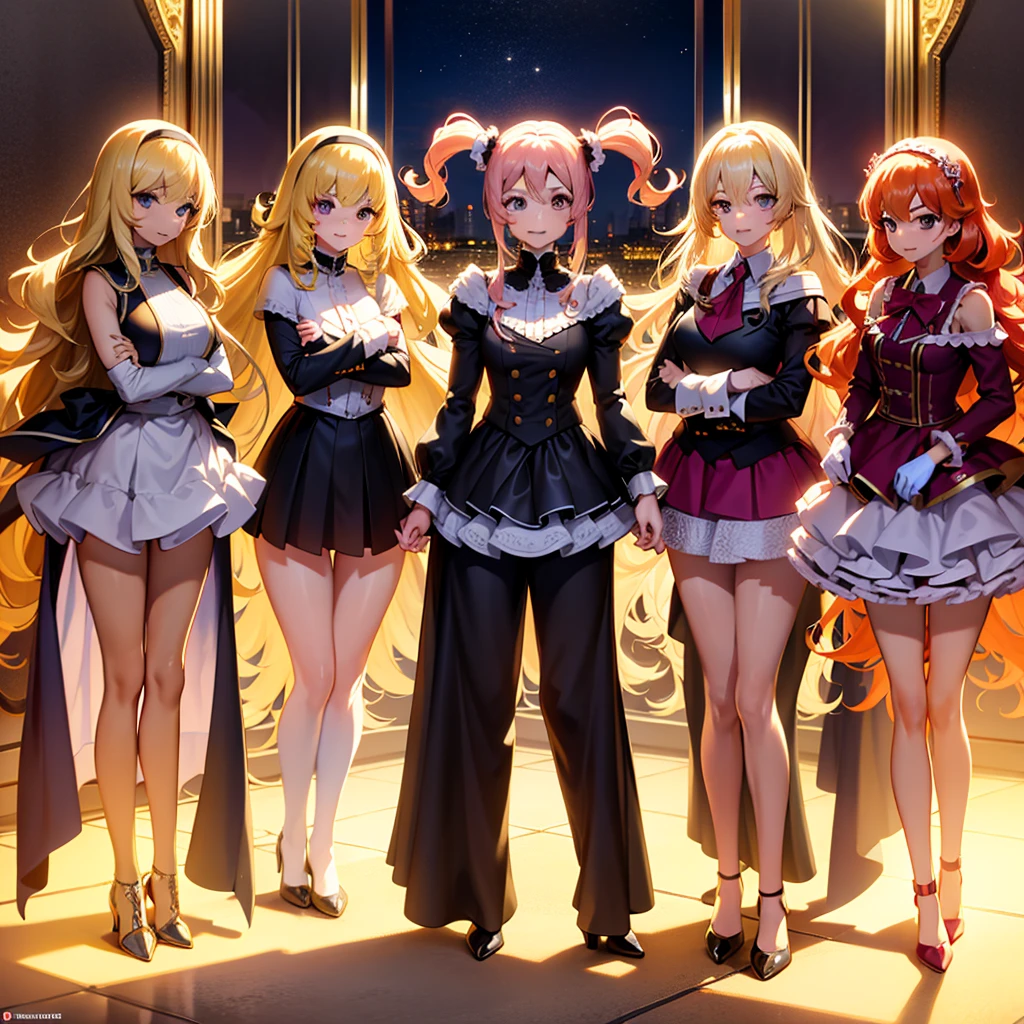 (Anime screencap: 1.2, anime style), (masterpiece, high quality, best quality), a crowd of thousands, all donning uniforms with matching blonde hair and red sexy skirt suits, their arms on their sides in perfect formation, their smiles radiant against the black high heels they all wear. In the background, clones of identical sisters can be seen in straight lines, shoulder to shoulder, with their arms raised in the same pose, their curly hair bouncing as they stand in perfect formation. The mansion they inhabit is filled with clones, creating a stunning family picture with the identical sisters taking center stage, their matching hairstyles and outfits creating a harmonious spect