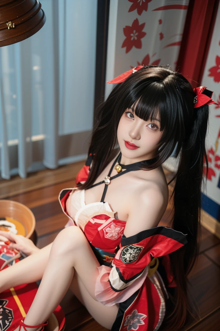 best quality, tmasterpiece,Ultra-high resolution,Clear face,(Reality:1.4),ferpect lighting,(upper body photo:1.3), (photorealistic:1.50), anime wallpaper, Guviz style artwork, cover-up fantasy up to magic , by Yang J, Guviz, beautiful artwork illustration, beautiful digital artwork, beautiful digital illustration, Li Song, beautiful anime portrait, art style in Beauvot, sparkle_honkai,1girl, 独奏, short kimono, bare shoulders, (twintails:1.3), black hair, long hair, hair ornament, bare feet, indoors, bedroom, flower pot, window, curtains, bathroom, ( From above:1.3 ), (Looking at the viewer:1.5), sat down,