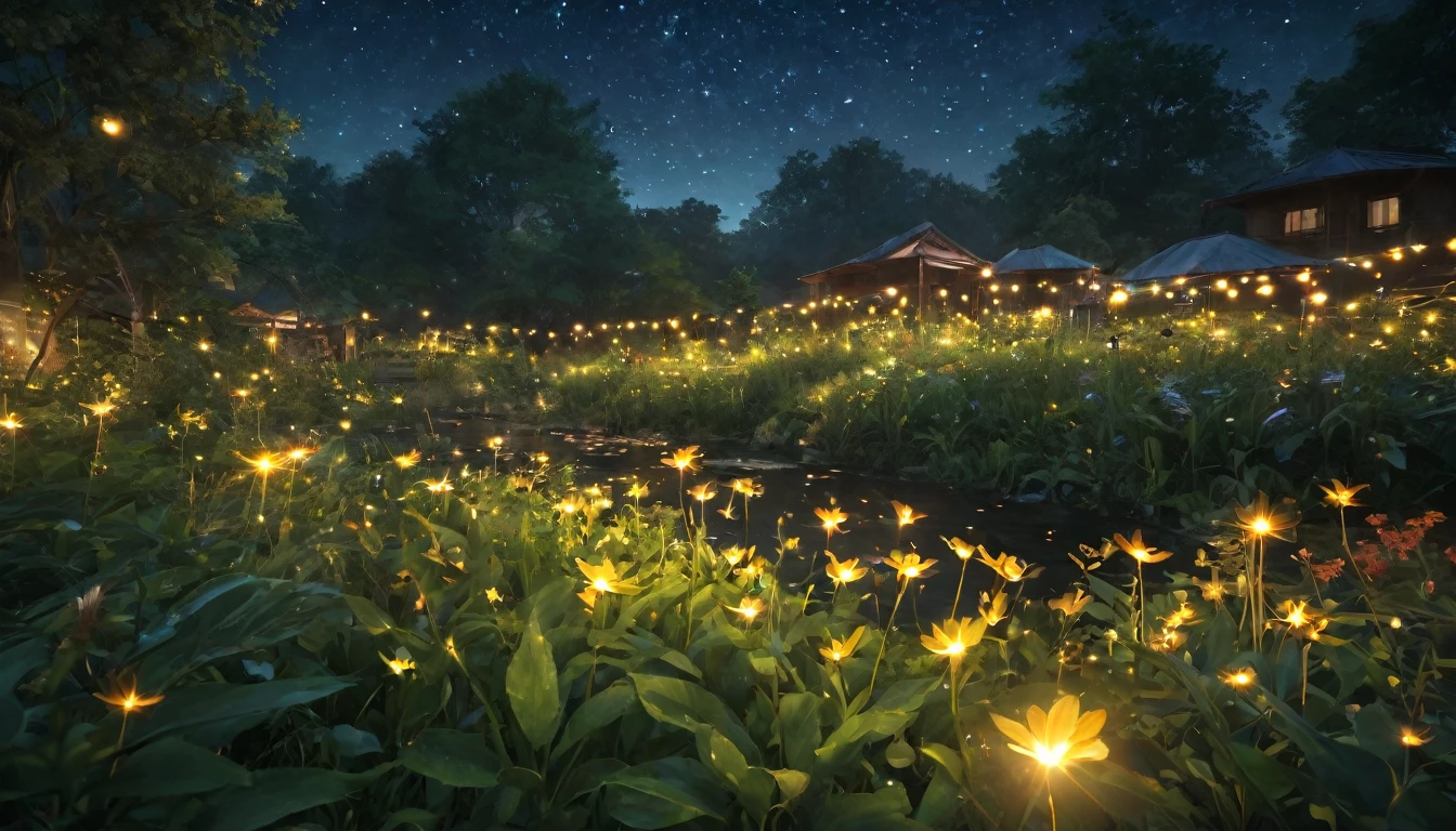 (8K, Top quality, masterpiece: 1.2), (Practical, photoPractical: 1.37), Super Detail, Wide viewing angle, Firefly Garden, Many faint little lights and fireflies flew around, night