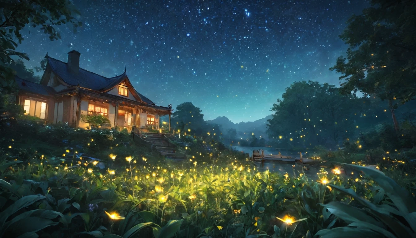 (8K, Top quality, masterpiece: 1.2), (Practical, photoPractical: 1.37), Super Detail, Wide viewing angle, Firefly Garden, Many faint little lights and fireflies flew around, night