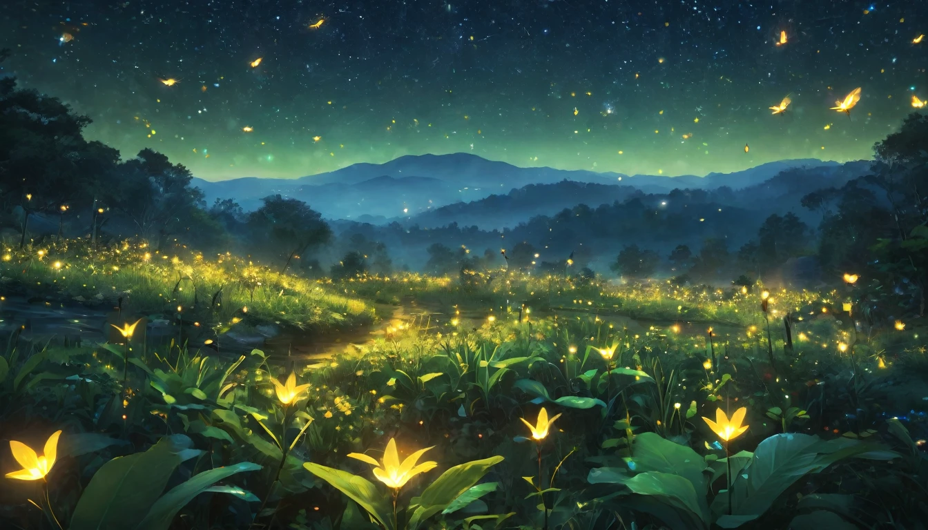 (8K, Top quality, masterpiece: 1.2), (Practical, photoPractical: 1.37), Super Detail, Wide viewing angle, Firefly Garden, Many faint little lights and fireflies flew around, night