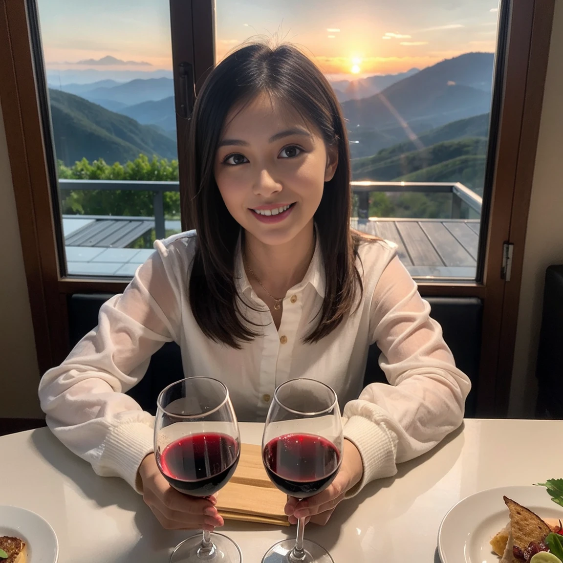 ((Highest quality、8K、masterpiece:1.3))、1 male、1 female、spouse、Beautiful couple、Japanese couple、smile、 (Slim face), (the body is スリム), (Brown Hair), (Shortcuts), ((Bob Hale、Straight hair:1.2)), テーブルの上のwine glass、Please shine a light on my face、 Amazing view of the sunset sky and clouds、Amazing mountain views、smileの美しさ、Bright image、Blushing, Shortcuts,Bright Face、 years old), 39 years old, red wine 、Appetizers、Italian food、Wine bottle、Champagne、sparkling wine、Long sleeve shirt、dress、Attractive beauty、restaurant, Nova Frog Style, actress, model, Upper Body, White wine, red wine, wine glass,