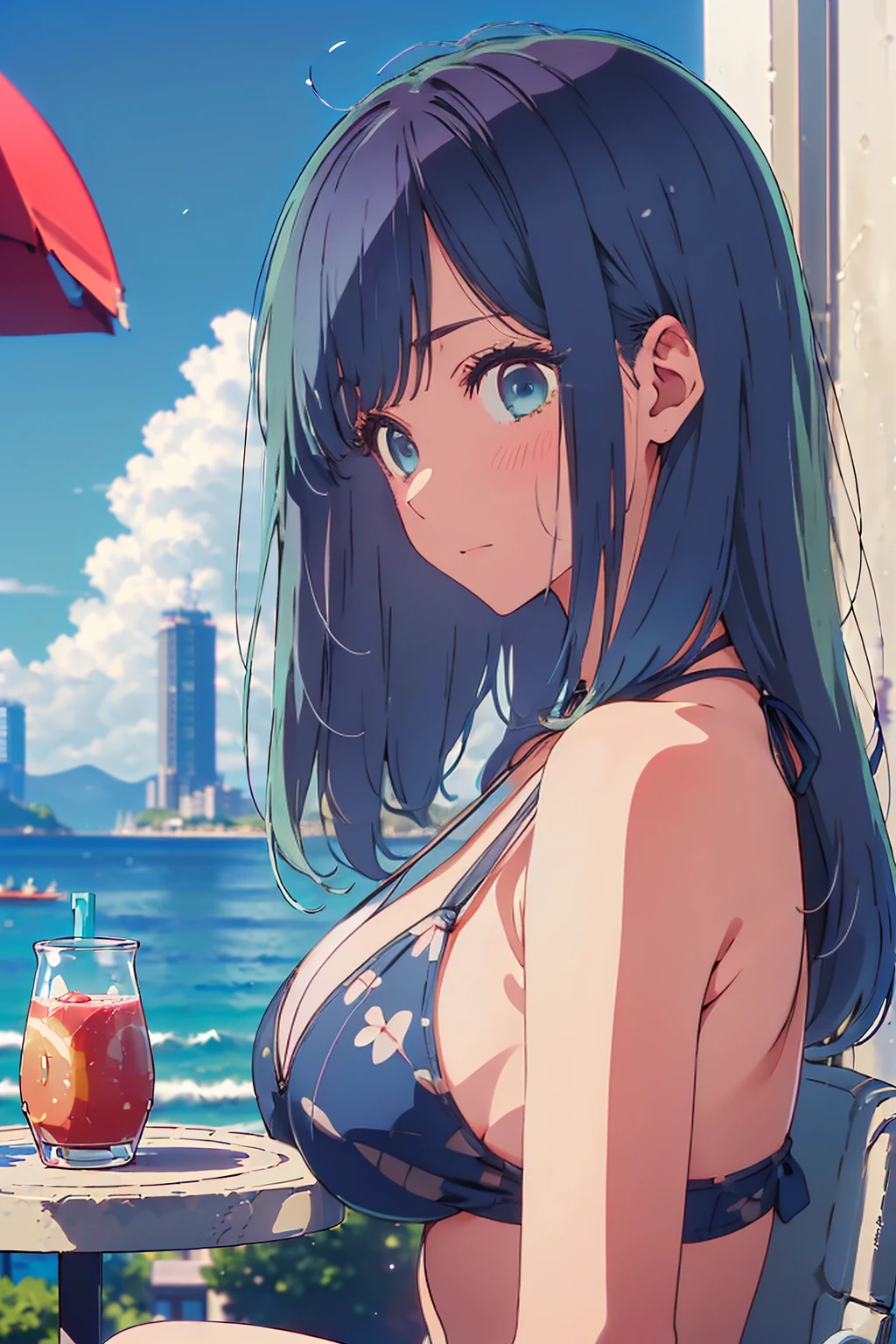 (Highest quality:1.4、masterpiece:1.4、Super detailed:1.4、8K:1.4)、F cup bust、Big Breasts、Slim body、((((1 person、Surprised expression、sit、Chair、In the background are the urban buildings of Tokyo、looking at the camera、Outdoor café terrace、coastal、Navy hair color、juice、table、Close-up shot from the side、Very cute face))))、(Pose of putting hair behind ears with hands:1.4、Cheek resting on hand:1.4）、((nude、Areola、bikini))、Very blue sky、A completely cloudless sky、Big eyes、((((Shallow depth of field))))、Pink Lips