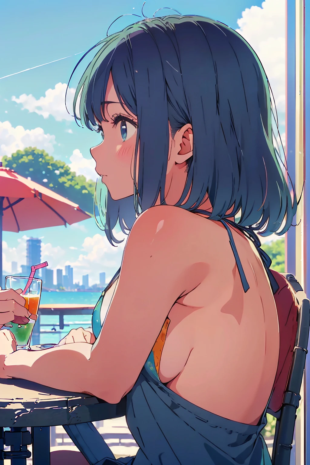 (Highest quality:1.4、masterpiece:1.4、Super detailed:1.4、8K:1.4)、F cup bust、Big Breasts、Slim body、((((1 person、Surprised expression、sit、Chair、In the background are the urban buildings of Tokyo、looking at the camera、Outdoor café terrace、coastal、Navy hair color、juice、table、Close-up shot from the side、Very cute face))))、(Pose of putting hair behind ears with hands:1.4、Cheek resting on hand:1.4）、((nude、Areola、bikini))、Very blue sky、A completely cloudless sky、Big eyes、((((Shallow depth of field))))、Pink Lips