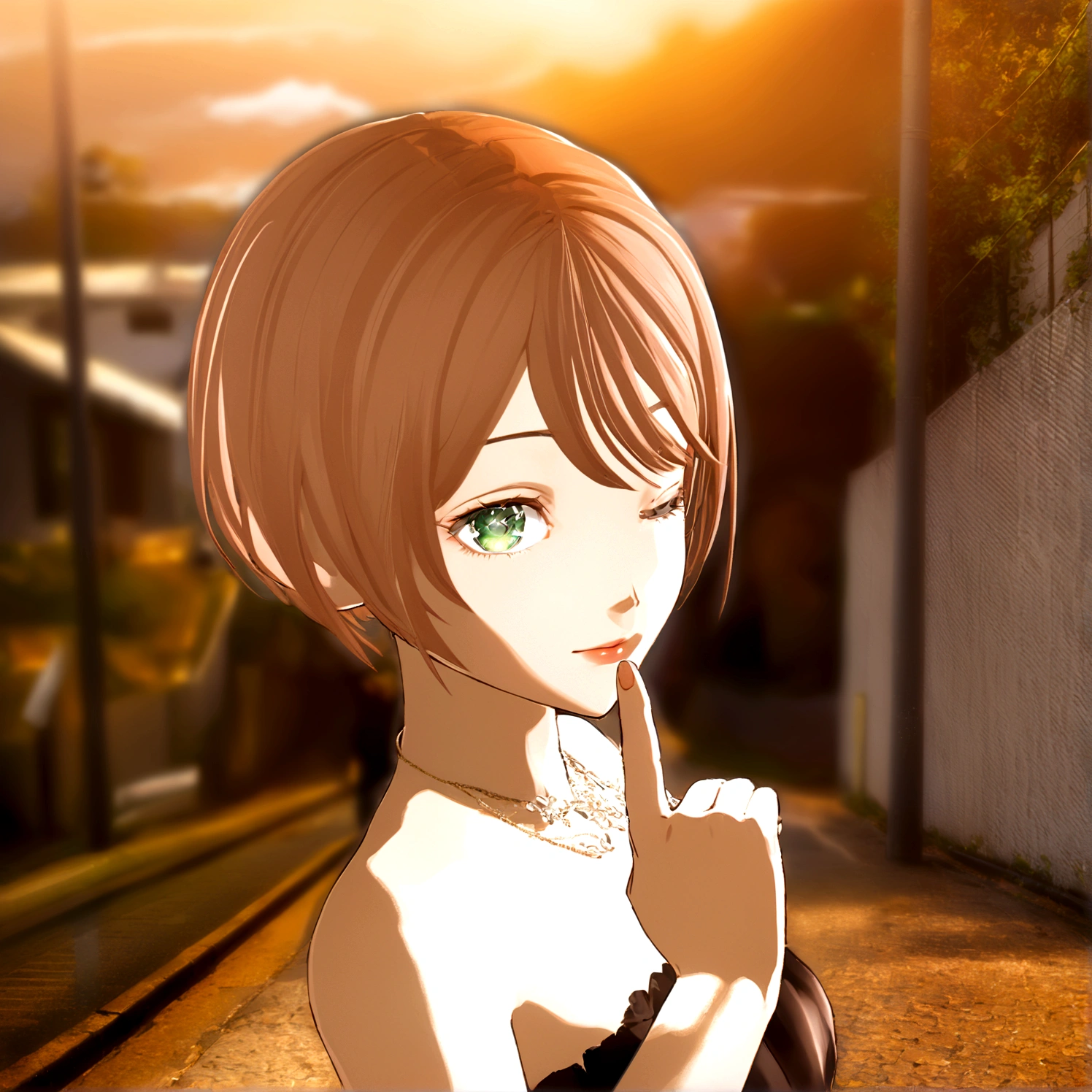 Close your left eye、Close your left eye、Hold up the index finger of your right hand、anime girl with brown hair and green eyes standing on a street, realistic anime 3 d style, smooth anime cg art, made with anime painter studio, anime style. 8K, anime. Soft lighting, anime styled 3d, semirealistic anime style, photorealistic anime girl render, painted in anime painter studio, realistic young anime girl, semi realistic anime