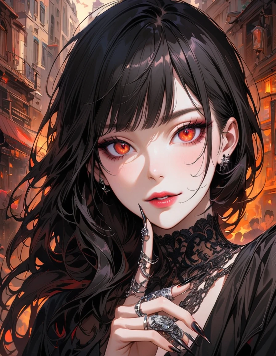 A very cute goth anime girl with black hair and bangs, wearing rings on her fingers, pale skin, sharp eyes, dark makeup, she has long acrylic nails that have been painted silver, intricate rings on fingers, wearing an all-black outfit, She exudes sophistication and cool. in the style of hyper realistic. fasion style, mysterious smile, --ar 3:4 --niji 6 --style raw --s 1000