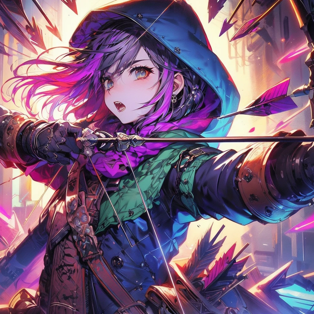 a black overcoat on top of a giant wolf, drawing of a woman with a bow and arrows, hood r, detailed game art illustration, octopath voyager, red and black, clothes, good hips and long legs, female sheriff, high detailed face anime , female thief, Breakdomain artwork in the style of guweiz, girl wearing hoodie, colorful character faces, style of greg simkins, anime still image, bite, streaming on twitch, by Kanō Naizen, art magazine, sharp teeth, ouka_niji 5 + OC, artgerm
