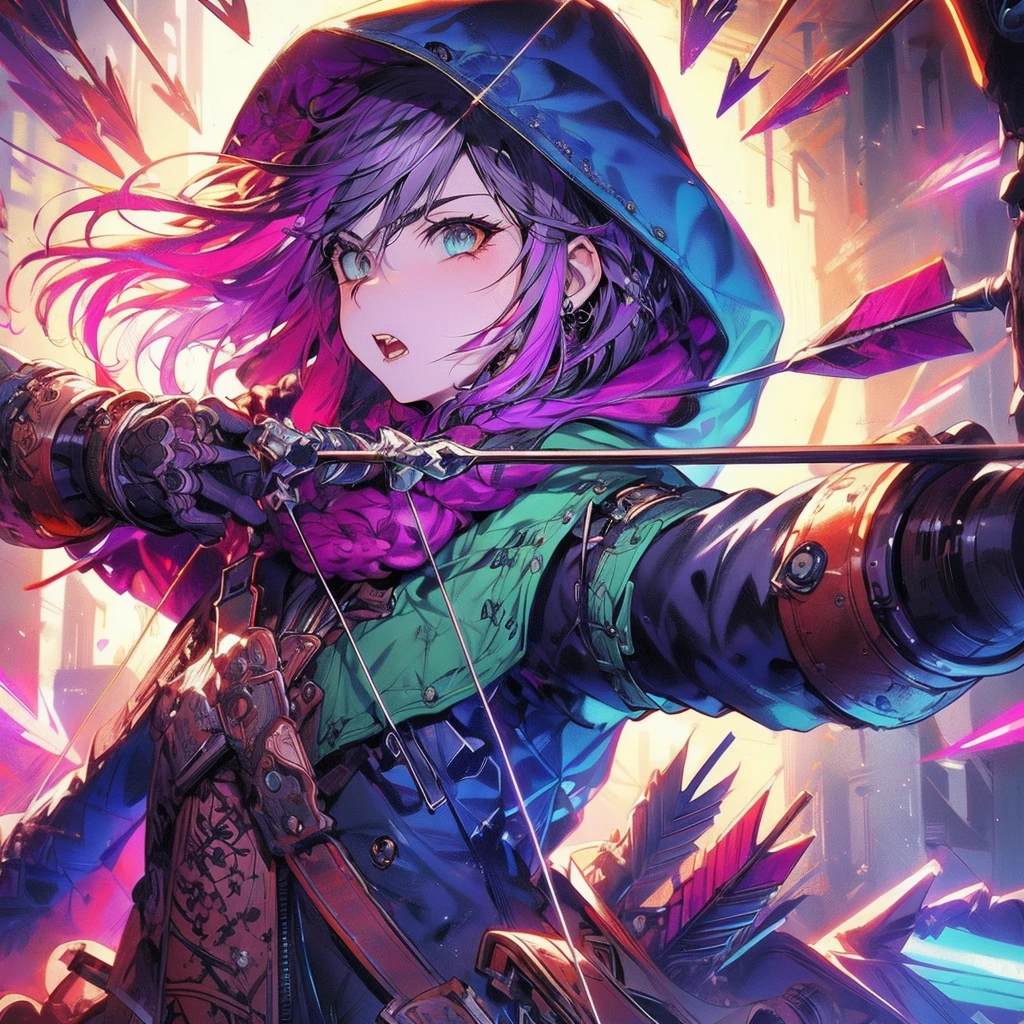 a black overcoat on top of a giant wolf, drawing of a woman with a bow and arrows, hood r, detailed game art illustration, octopath voyager, red and black, clothes, good hips and long legs, female sheriff, high detailed face anime , female thief, Breakdomain artwork in the style of guweiz, girl wearing hoodie, colorful character faces, style of greg simkins, anime still image, bite, streaming on twitch, by Kanō Naizen, art magazine, sharp teeth, ouka_niji 5 + OC, artgerm