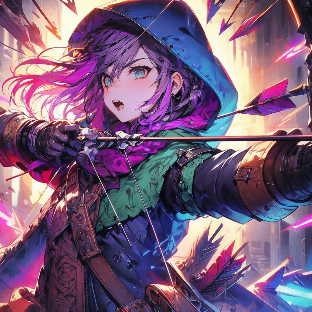 a black overcoat on top of a giant wolf, drawing of a woman with a bow and arrows, hood r, detailed game art illustration, octopath voyager, red and black, clothes, good hips and long legs, female sheriff, high detailed face anime , female thief, Breakdomain artwork in the style of guweiz, girl wearing hoodie, colorful character faces, style of greg simkins, anime still image, bite, streaming on twitch, by Kanō Naizen, art magazine, sharp teeth, ouka_niji 5 + OC, artgerm