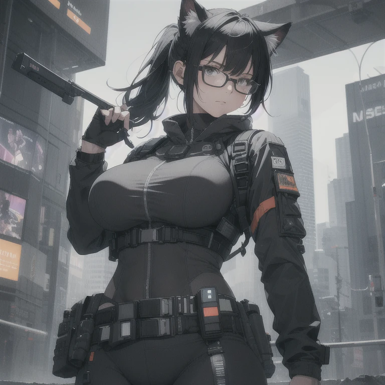 Absurd resolution, high resolution, (masterpiece: 1.4), hyper-detail, full body shot, solo, 1 kemono feline cat woman, no skin other than neck and head shown, black hair, glasses, messy ponytail, cute face, detailed soft grey eyes, huge massive hyper super swollen breasts that cover her whole torso and are bigger than her head while being so big they reach her belly button, extremely large bust, wide full hips, narrower torso and shoulders, smaller torso, full thicc big soft thighs, big rounded full soft butt, ruggedized utility styled outfit, full body outfit coverage with no skin showing or revealed, weather-proof durable clothing material, nylon clothing material, monochrome black and grey fullbody covering protective padding pilot rugged utility suit with white chest, practical/functional clothing, custom made clothing to fit and support large breasts, scifi padded rugged high collar techwear jacket, white and black triangular decals and techwear iconography on apparel and clothing, techwear gloves, arm mounted strapped display scifi tablet/communication device/computer, rugged tablet display mounted on MOLLE strap on top of her bust, ruggedized computer tablet mounted above her breasts, screen display mounted on top of her chest, ruggedized tech, ruggedized tech aesthetic, fitted utility pants, utility chaps, near future scifi, cyberpunk aesthetic, anime aesthetic