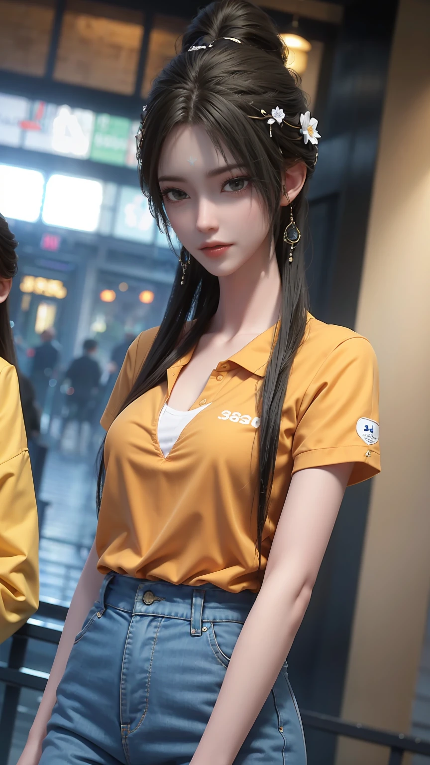 Real photos (1 cute Korean star) Hair Flip, Light makeup, Medium breast size, Orange Polo Shirt, at the train station, Clear facial features of the Canon EOS, 16K, high resolution, Crisp, lifelike details, Overexposure, incise, Ultra HD, high resolution, best quality