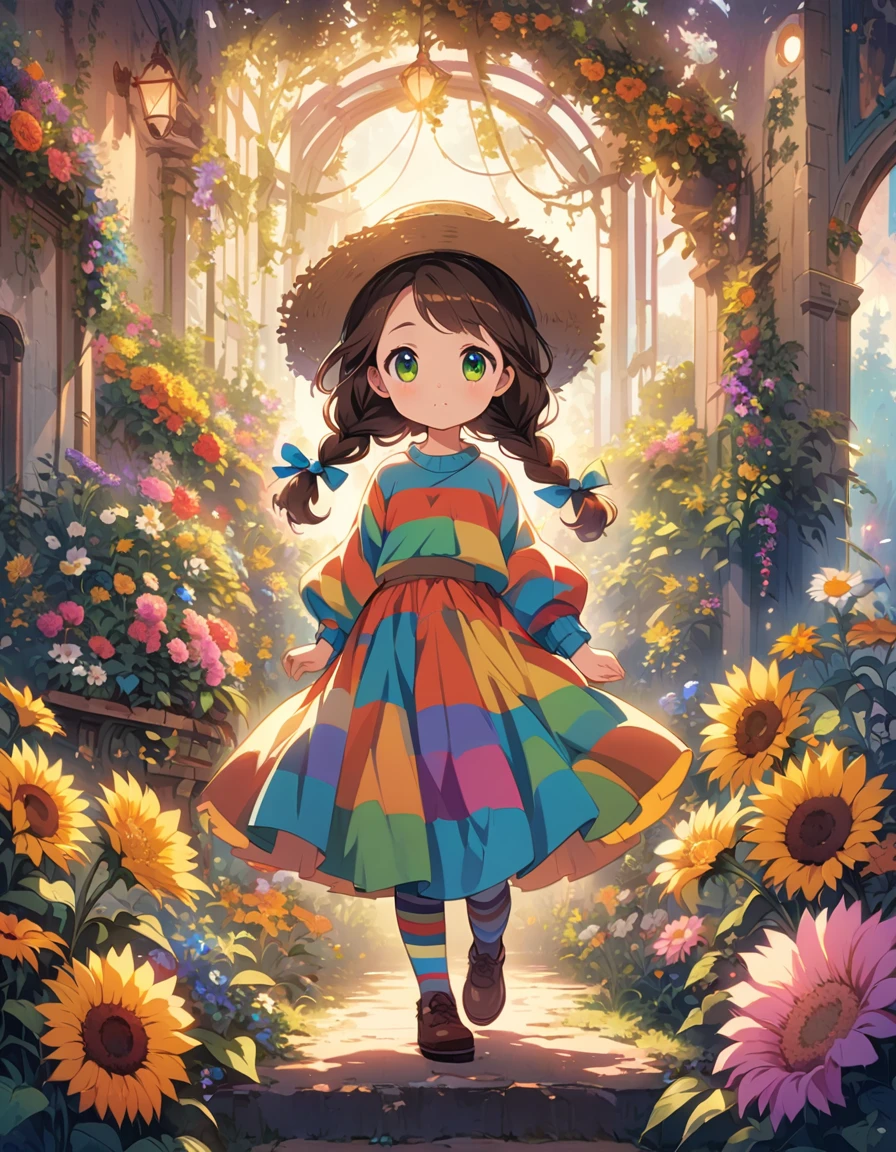 anime illustration in the style of cute, an elegant and beautiful girl with long brown hair in braids wears colorful striped tights under a straw hat decorated with flowers, she has green eyes and is wearing a rainbow colored sweater. the background depicts a magical garden filled with blooming sunflowers and daisies, full body, delicate and fine art style, cute and dreamy mood, soft lighting, vibrant colors, digital painting --ar 3:4 --niji 6