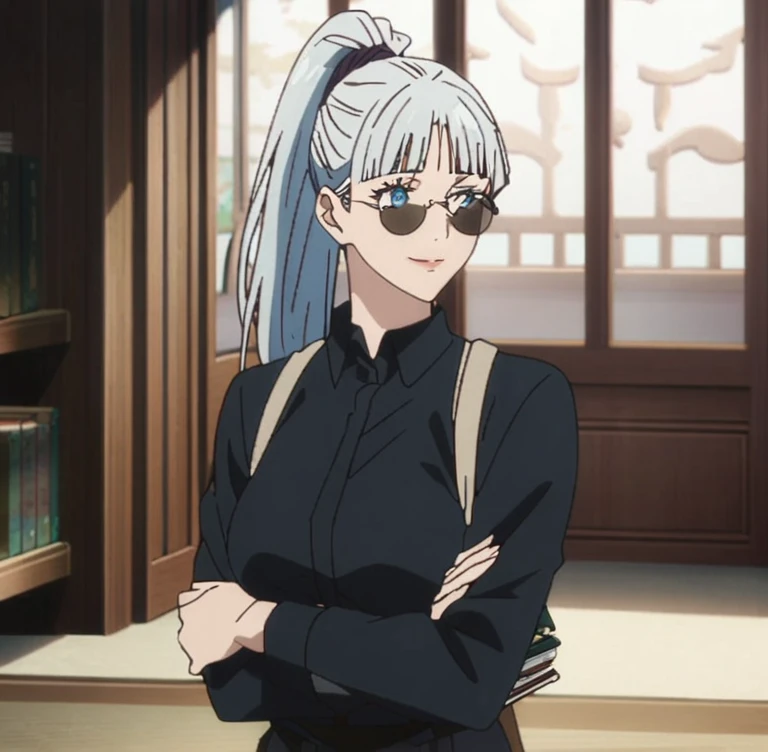 1girl, female gojo satoru, anime screencap from jujutsu kaisen, gojo satoru female version, solo, long_hair, blue eyes, white_hair, window, breasts, upper_body, smile, indoors, book, bangs, blue_eyes, lips, (wearing round sunglasses) , ((her hairstyle : The character in the image has long, "high ponytail" with bangs.The hair falls freely over her shoulders and down her back)) wearing black colour collared outfit, breast, "very detailed and high resolution" (blue eyes) ((cross arms)) 