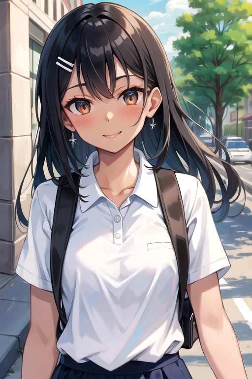 ((Highest quality)), ((masterpiece)), (detailed), One girl, セクシーexpensive body, expensive, Long legs, mature female, mature, Adult, It is_Nagatoro_main, nagatoro hayase, One girl, blush, alone, White polo shirt、 Black Hair, bag, Brown eyes, hair ornaments, View your viewers, Hair Clip, Outdoor, Backpack, smile, Long Hair, White shirt, Dark skinned women, Dark Skin, , bangs, Day, skirt, Collared shirt, clavicle, Ear Clip, Rolled up my sleeves, Mouth closed, wood, asymmetrical bangs, Upper Body
