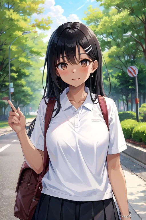 ((Highest quality)), ((masterpiece)), (detailed), One girl, セクシーexpensive body, expensive, Long legs, mature female, mature, Adult, It is_Nagatoro_main, nagatoro hayase, One girl, blush, alone, White polo shirt、 Black Hair, bag, Brown eyes, hair ornaments, View your viewers, Hair Clip, Outdoor, Backpack, smile, Long Hair, White shirt, Dark skinned women, Dark Skin, , bangs, Day, skirt, Collared shirt, clavicle, Ear Clip, Rolled up my sleeves, Mouth closed, wood, asymmetrical bangs, Upper Body