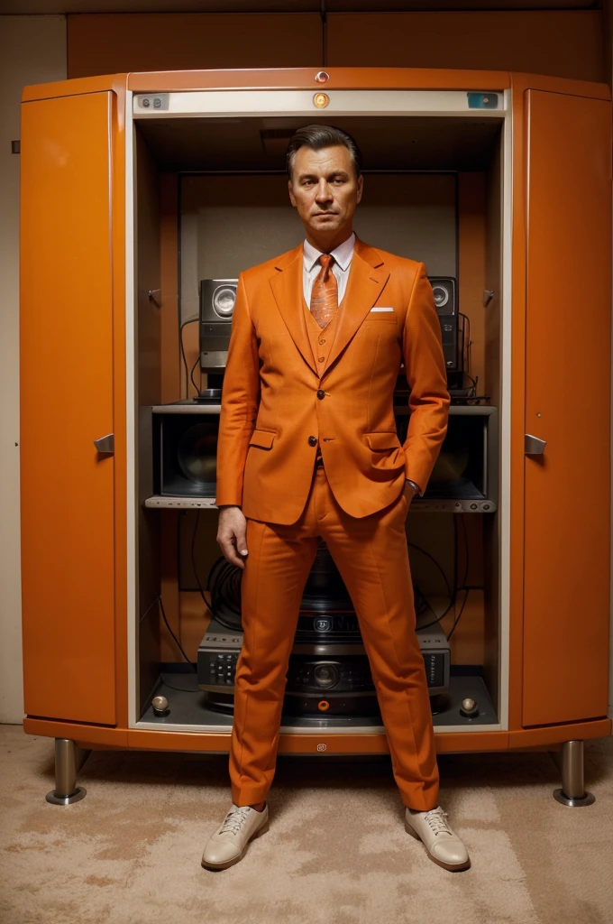 A detailed full-body image of a man wearing an orange suit, standing, with an old television set for a head, vintage TV design with knobs and antennas, screen displaying static, sharp and well-fitted suit, high-resolution, photorealistic, background: 100% white
