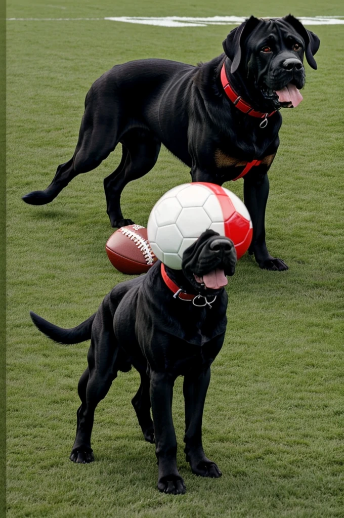A black mastiff dog standing with a Red and white football at this feet