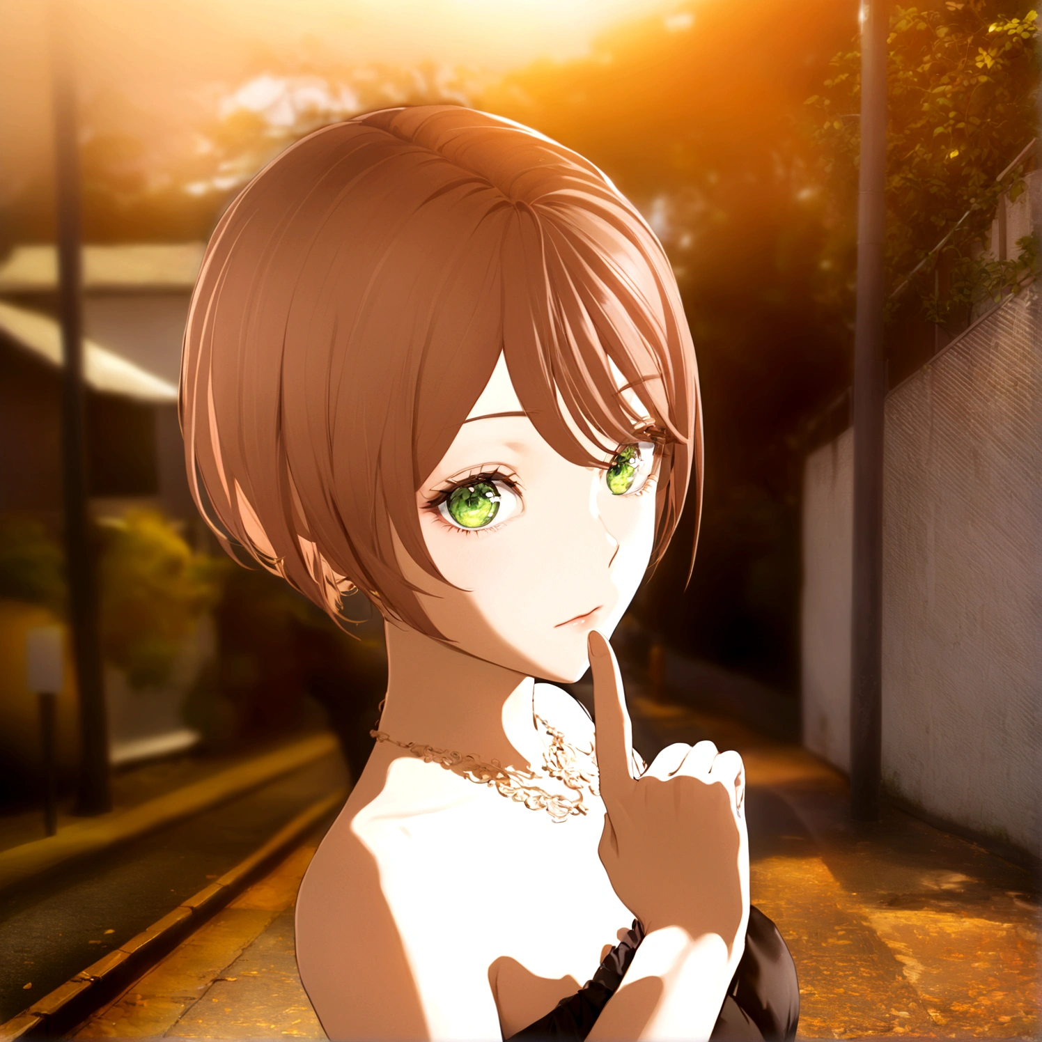 Close your left eye、Close your left eye、Hold up the index finger of your right hand、anime girl with brown hair and green eyes standing on a street, realistic anime 3 d style, smooth anime cg art, made with anime painter studio, anime style. 8K, anime. Soft lighting, anime styled 3d, semirealistic anime style, photorealistic anime girl render, painted in anime painter studio, realistic young anime girl, semi realistic anime