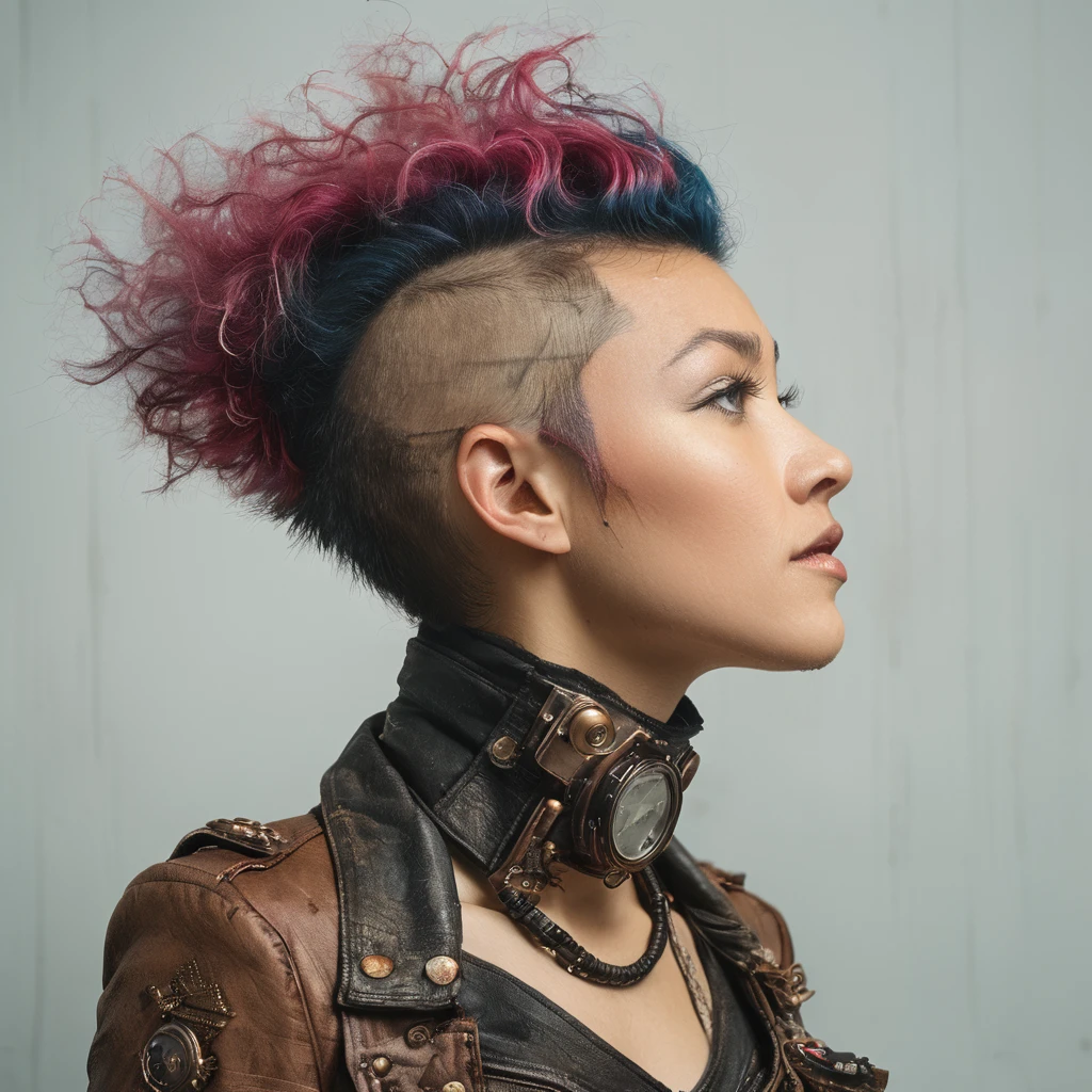 pink Mohawk and steampunk clothing by worlds best photographer, punk rock, extremely realistic, muted colours, soft lighting, 8k, hi-res,