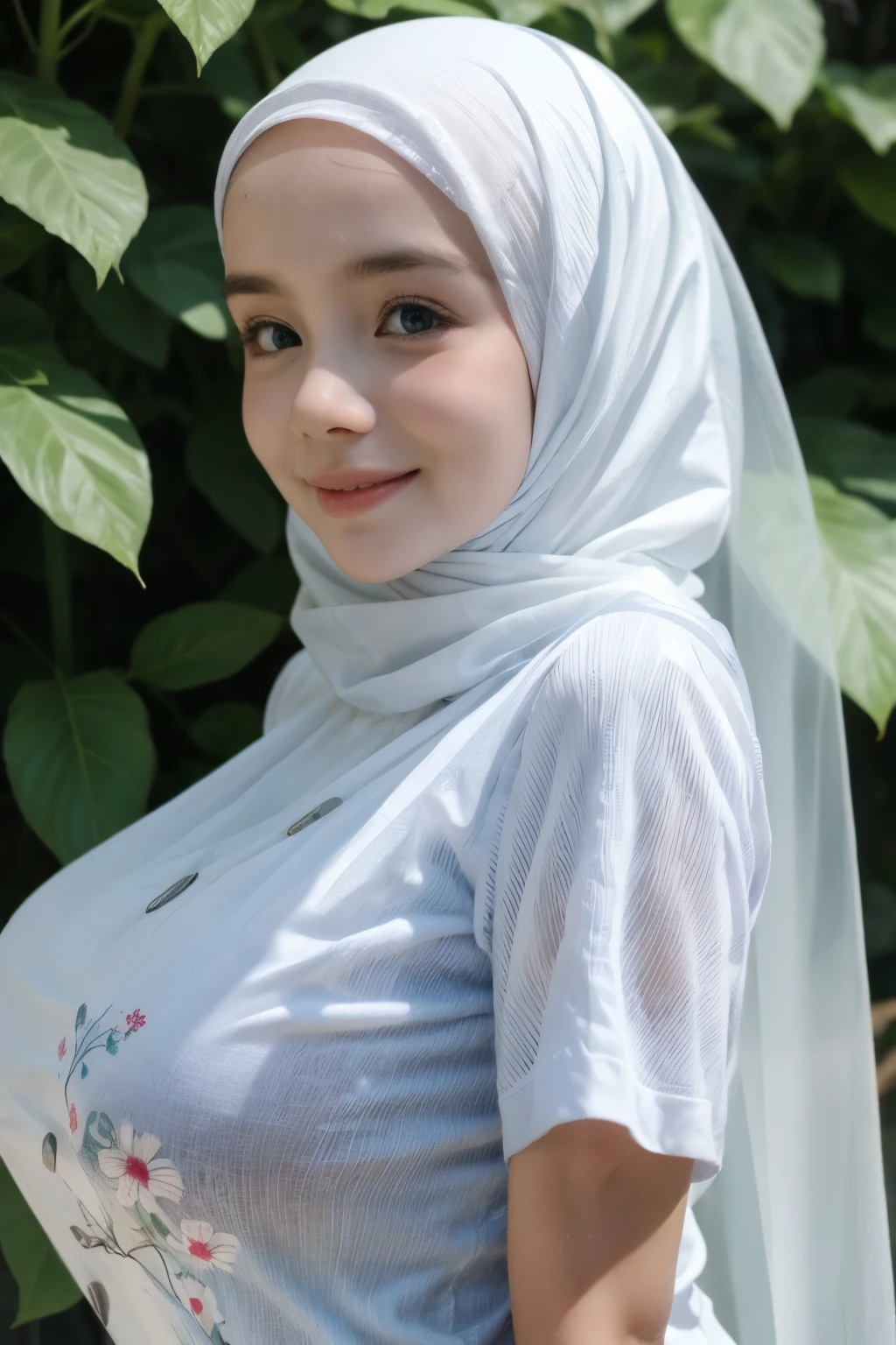 Jumbo (Dress), Chubby adorable, 1 girl, (face to face), 10 years old, baby face, happy, half body portrait, (face details: 1), (eye details: 1), ((big breasts)). wearing transparent transparency soft long shirt, hijab, .. Cute posed. proportional body. Ultra High Res. realistic: 1.4, UHD, (floral pattern), view from side seductive pose 