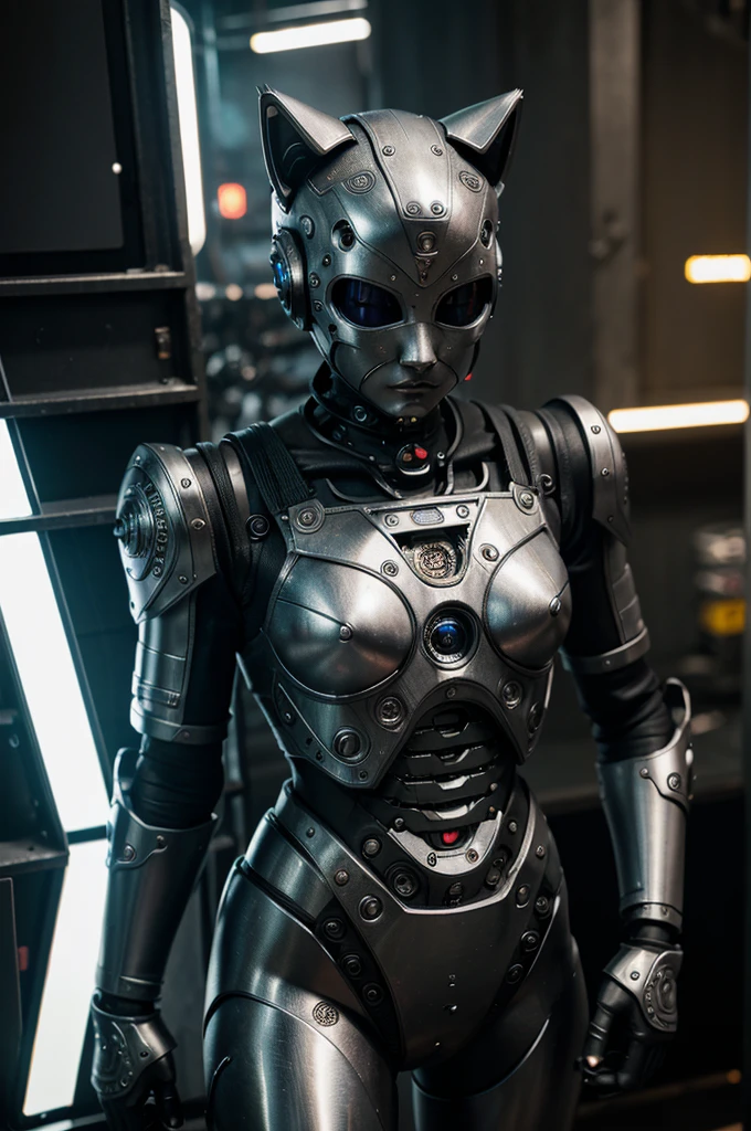 A cute kitten made of metal, robot, cyberpunk style, ((details Intricate)), hdr, ((details Intricate, super verbose)), cinematographic filming, vignette