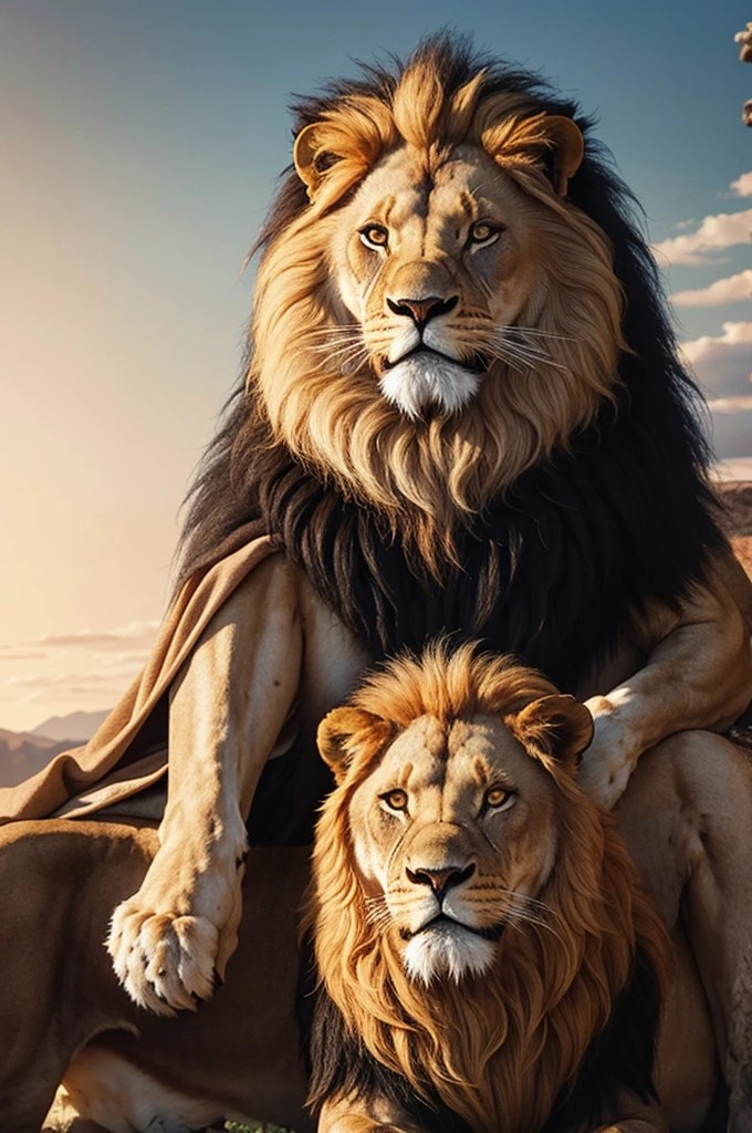 Lion with a king&#39;s crown on his head 4k cinematic image