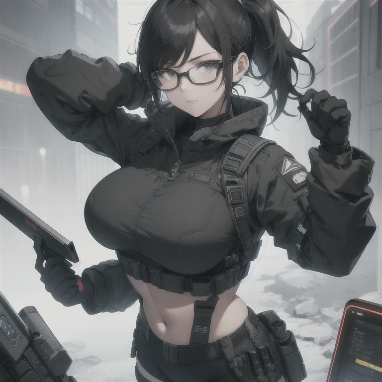 Absurd resolution, high resolution, (masterpiece: 1.4), hyper-detail, full body shot, solo, 1 kemono feline cat woman, no skin other than neck and head shown, black hair, glasses, messy ponytail, cute face, detailed soft grey eyes, huge massive hyper super swollen breasts that cover her whole torso and are bigger than her head while being so big they reach her belly button, extremely large bust, wide full hips, narrower torso and shoulders, smaller torso, full thicc big soft thighs, big rounded full soft butt, ruggedized utility styled outfit, full body outfit coverage with no skin showing or revealed, weather-proof durable clothing material, nylon clothing material, monochrome black and grey fullbody covering protective padding pilot rugged utility suit with white chest, practical/functional clothing, custom made clothing to fit and support large breasts, scifi padded rugged high collar techwear jacket, white and black triangular decals and techwear iconography on apparel and clothing, techwear gloves, arm mounted strapped display scifi tablet/communication device/computer, rugged tablet display mounted on MOLLE strap on top of her bust, ruggedized computer tablet mounted above her breasts, screen display mounted on top of her chest, ruggedized tech, ruggedized tech aesthetic, fitted utility pants, utility chaps, near future scifi, cyberpunk aesthetic, anime aesthetic