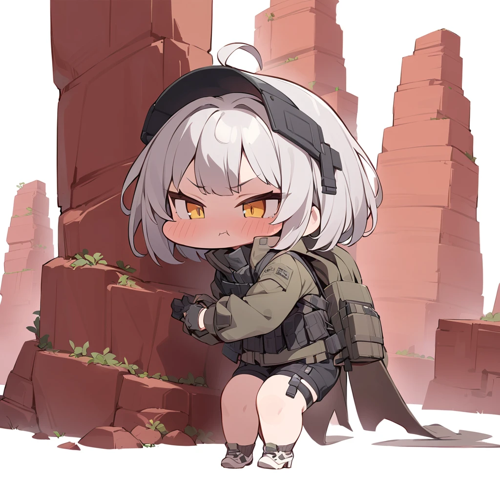 Red Cliff,Solitary,>_<,
masterpiece,best quality,
VALIDITY, tactical_jacket, shorts, gloves, high_heel_sneakers, short_socks, headdress, grey_hair, short_hair, ahoge, yellow_eyes simple background,White background,