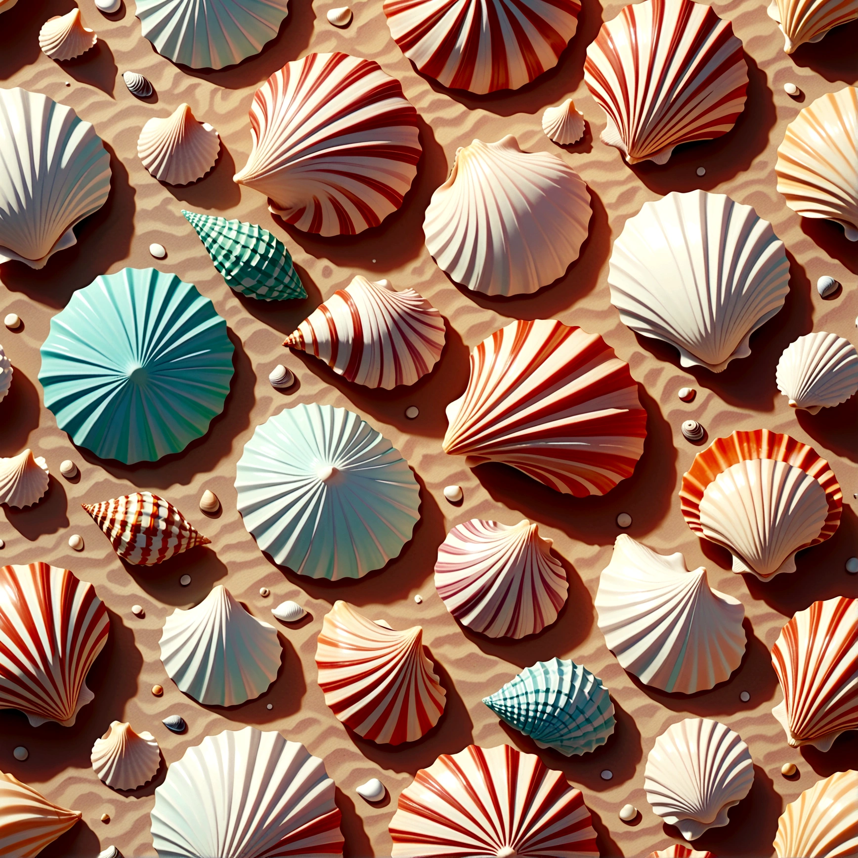 seashell pattern, seamless tile, regularly spaced, intricate design, organic shapes, natural textures, pastel colors, soft lighting, minimalist style, high detail, masterpiece, 8k, photorealistic